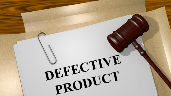 Defective Product written on a paper with a gavel and law books in the background.