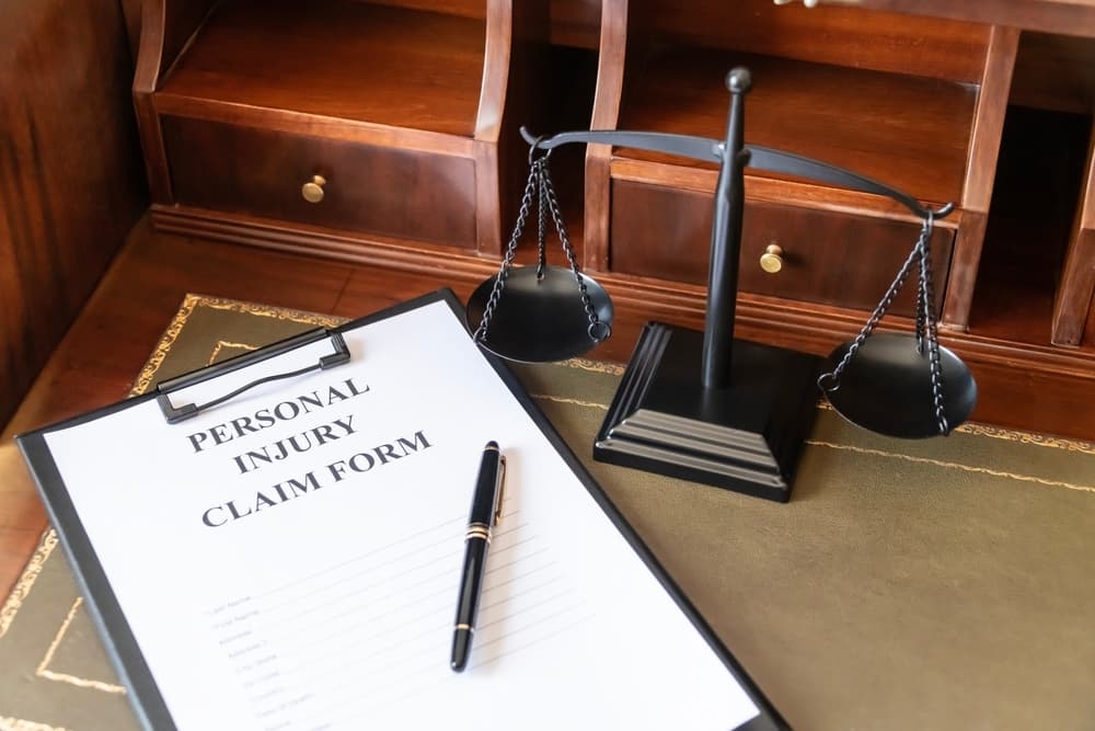 personal injury claim form in clipboard on table next to scales of justice