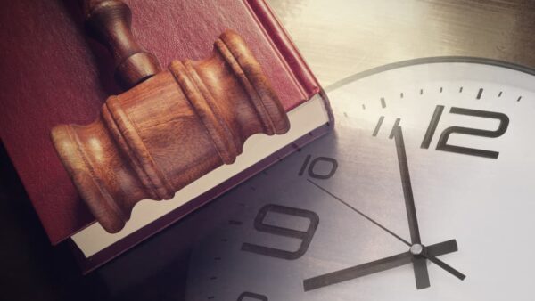 Judge gavel on legal book, collage with clock