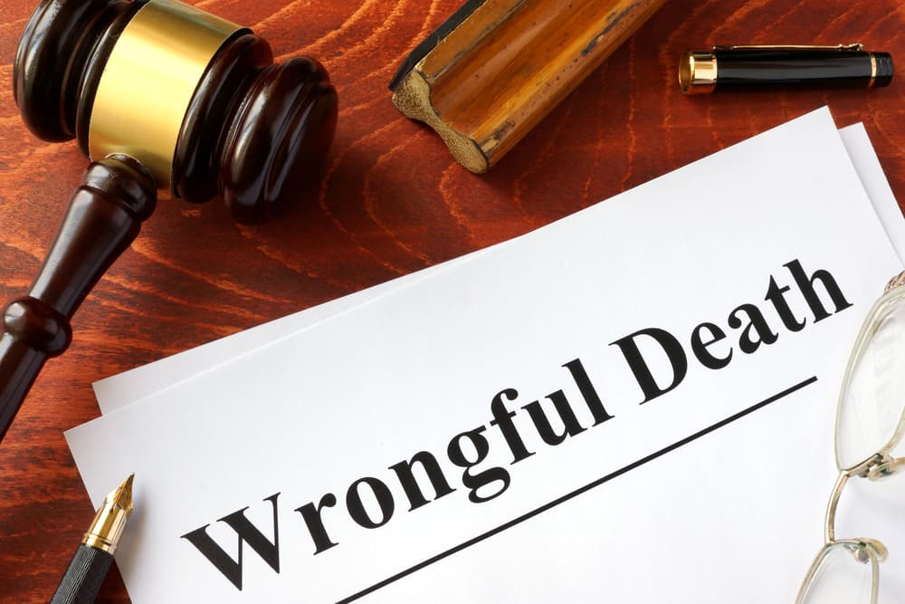 Document with title Wrongful Death o a wooden surface.