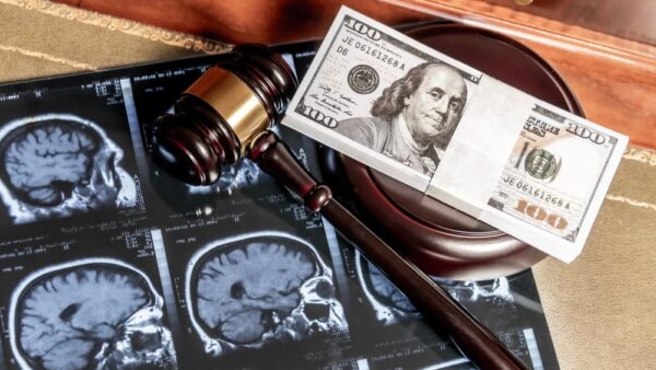 A composite of legal and medical concepts featuring brain MRI images, a gavel, and US currency