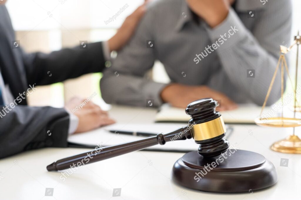 lawyer having meeting and consoling solution to his clients provide legal advice and trust commitment strain serious for problem, justice and attorney concept.